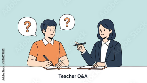 Teacher and Student Engaged in a Question and Answer Session with Notes and Pen on Table