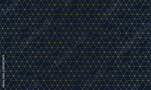 Elegant geometric gold pattern with hexagonal and triangular lines and dots on dark background
