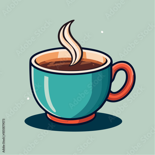 Illustration of a steaming cup of coffee with a blue mug and orange handle.