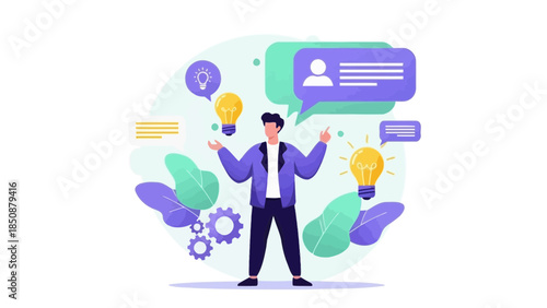 Creative man surrounded by lightbulbs and gears representing innovation and ideas in a modern