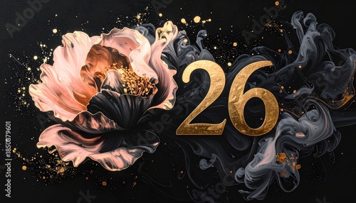 Golden 26 with Abstract Rose Gold Peony and Dark Ink Swirls