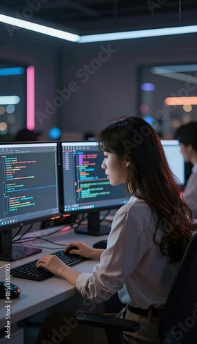 Young Woman Programmer Working on Computer in Modern Office.