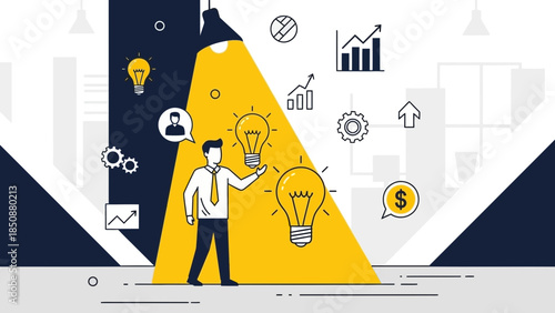 businessman with light bulb ideas in modern office setting illustrating innovation and growth in