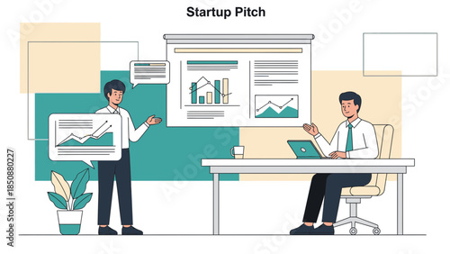 Business presentation meeting discussing startup pitch strategies and growth charts in an office
