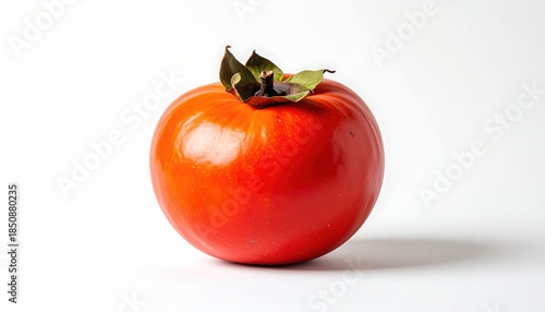 Perfectly Ripe, Glossy Orange Persimmon with Green Calyx on White