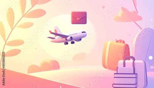 Dreamy Travel Scene: Airplane, Luggage, and Pastel Sky in 3D Render