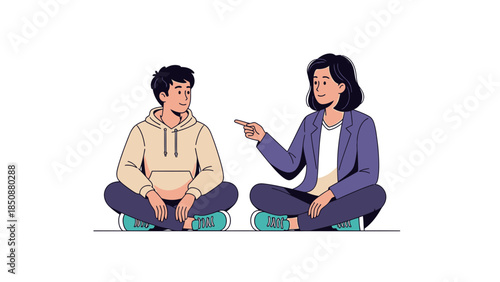 friendly young woman and teenager having conversation sitting cross-legged on the floor in casual