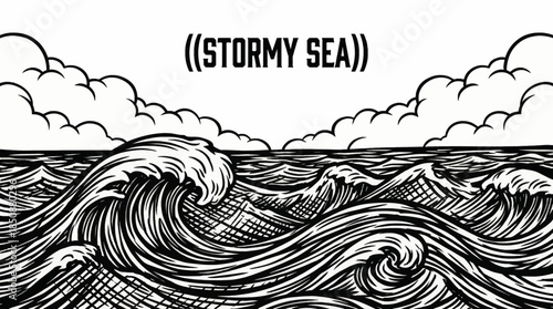 sketch of stormy sea waves with dynamic strokes, strong contrast, and dramatic motion, capturing raw ocean power and turbulent maritime energy
