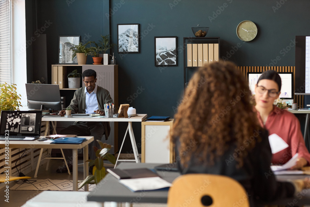 custom made wallpaper toronto digitalCaucasian young adult women and Black young adult man working at desks in modern office, woman with curly hair sitting in foreground, man using computer in background, documents on desks