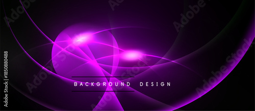 Abstract purple design features flowing curves, bright light streaks. Modern background with dynamic energy, elegant presentation.