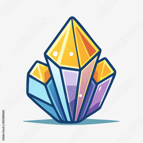Illustration of a cluster of crystals with yellow, purple, and blue hues, outlined in dark blue, on a white background.