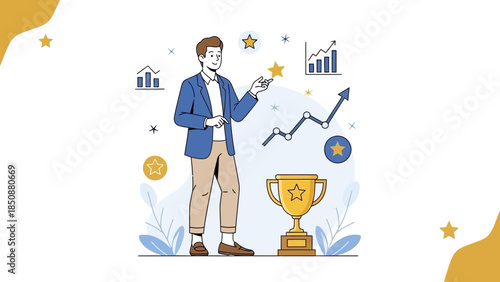 Businessman Celebrating Success with Trophy and Growth Analytics in a Modern Illustration