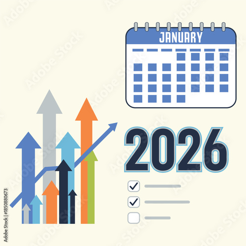 2026 year calendar with growing arrows graph