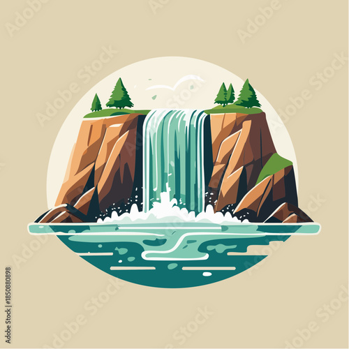 Illustration of a waterfall cascading into a pool, surrounded by cliffs and trees.