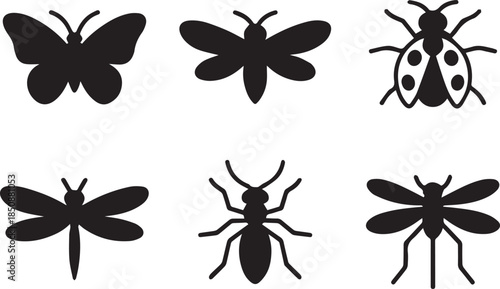 Set of insect silhouettes, black and white vector illustration of various insects, isolated collection for nature, biology, and wildlife concepts