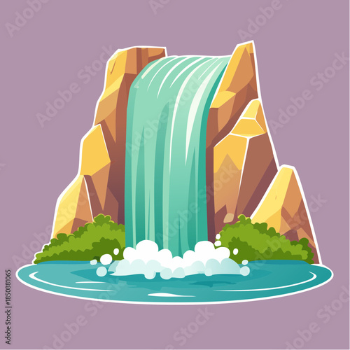 Cartoon illustration of a waterfall cascading between rocky cliffs into a pool of water.