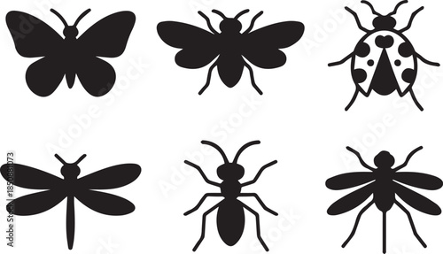 Set of insect silhouettes, black and white vector illustration of various insects, isolated collection for nature, biology, and wildlife concepts