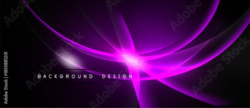 Dark purple abstract background. Bright glowing lines radiate from central point, creating dynamic visual effect. Modern design element.