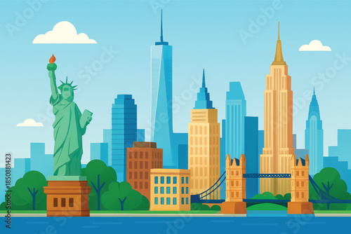 Colorful stylized London city skyline illustration featuring Big Ben, Tower Bridge, The Shard, The Gherkin, Walkie Talkie, and Palace of Westminster with modern skyscrapers under bright blue sky