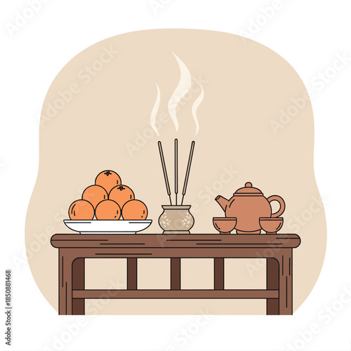 A traditional altar setup with a plate of oranges, burning incense, and a teapot with cups