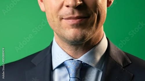 Professional businessman in suit with green screen background, ideal for virtual meetings and