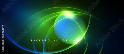 Abstract design features glowing circles, vibrant blue, green hues. Dark background emphasizes bright light effects, modern aesthetic.