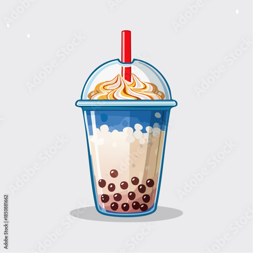 Illustration of a bubble tea drink with tapioca pearls, whipped cream, and a red straw.