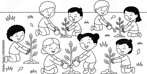 Outline Style Illustration of People Planting Trees Together in a Community