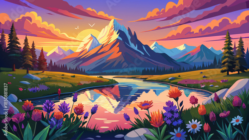 Very beautiful sunset reflection of the Teton Range over a wildflower meadow, blending glowing mountain peaks, colorful blooms, and calm water into a serene alpine landscape.
