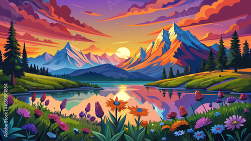 Very beautiful sunset reflection of the Teton Range over a wildflower meadow, blending glowing mountain peaks, colorful blooms, and calm water into a serene alpine landscape.