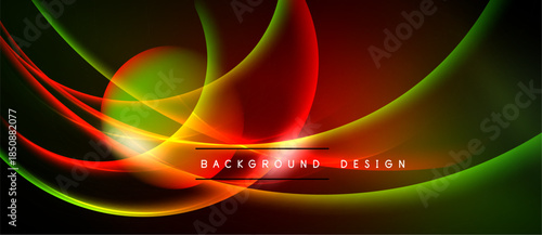 Abstract vibrant waves, flowing curves. Red, green, orange hues dominate dark background. Modern design element.
