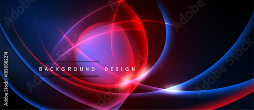 Abstract neon lines create dynamic curves, vibrant colors. Dark background emphasizes glowing shapes, modern design element.