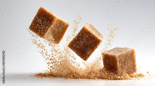 Floating arrangement of three jaggery blocks with jaggery powder on transparent background