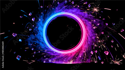 Magical neon portal with glowing blue and pink rings on dark water, mystical explosion of sparks with crystal clusters and ethereal smoke, futuristic trasparent png svg cut out background