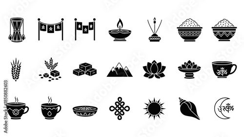A collection of black and white icons representing various cultural, religious, and traditional elements from South Asian and Himalayan regions.
