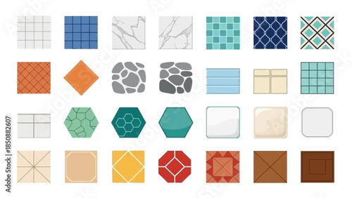 A comprehensive collection of various floor and wall tile patterns, shapes, and textures in a grid layout, showcasing diverse design options for interior decoration.