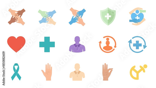 A collection of diverse flat icons representing health, medical care, community support, and well-being.
