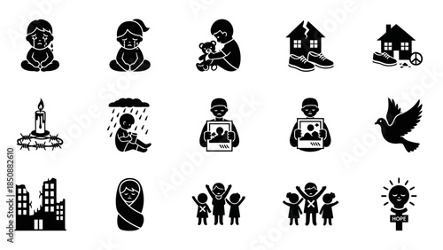 A collection of black and white icons representing various social issues, including child welfare, loss, war, peace, and hope for the future.