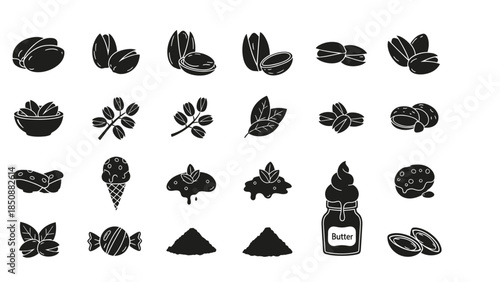 Black silhouette icons of pistachios, pistachio products like ice cream, butter, candy, and leaves, on a white background.