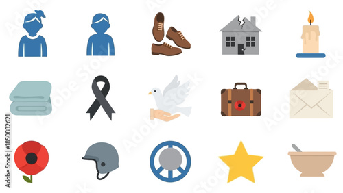 A collection of icons representing remembrance, peace, conflict, humanitarian aid, and human experiences.