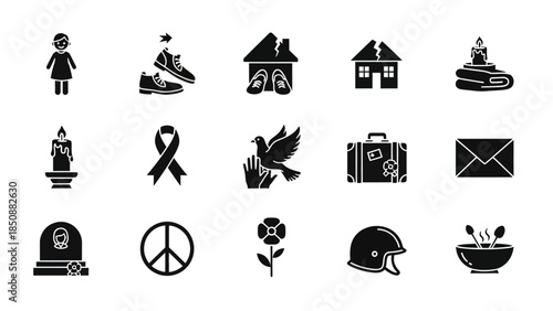 Collection of black and white icons representing social issues, peace, remembrance, and human experiences like loss and displacement.