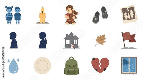 A collection of icons depicting various social issues and themes including childhood, family, loss, poverty, sadness, and vulnerability.