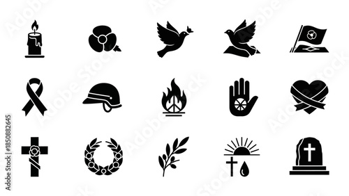 A collection of black silhouette icons representing remembrance, peace, war, and mourning themes on a white background.