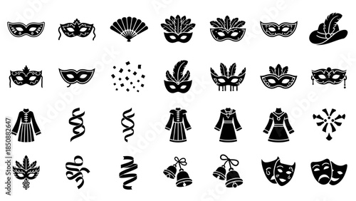 Collection of black silhouette icons representing carnival, masquerade, celebration, and party elements including masks, costumes, and decorations.