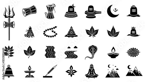 A comprehensive collection of black and white vector icons representing various Hindu religious symbols and attributes of Lord Shiva.
