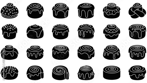 A collection of black silhouette icons depicting various styles of cinnamon rolls and sweet buns with frosting, arranged in a grid.