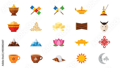 A collection of traditional Nepalese and Himalayan cultural, religious, and natural icons including prayer flags, mountains, lotus, sun, moon, and offerings.