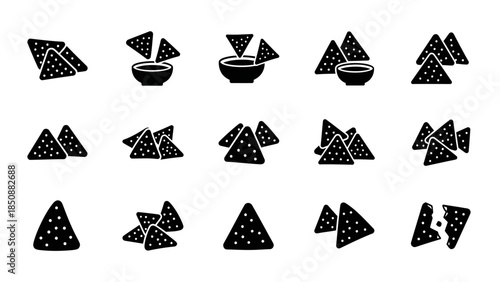 A collection of black silhouette icons depicting various arrangements of tortilla chips, some with a bowl of dip.