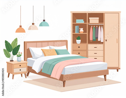 A cozy and modern bedroom interior with a bed, bedside table, and wooden wardrobe.