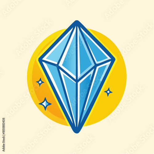Stylized diamond icon with blue facets and a yellow circular background, surrounded by small stars.